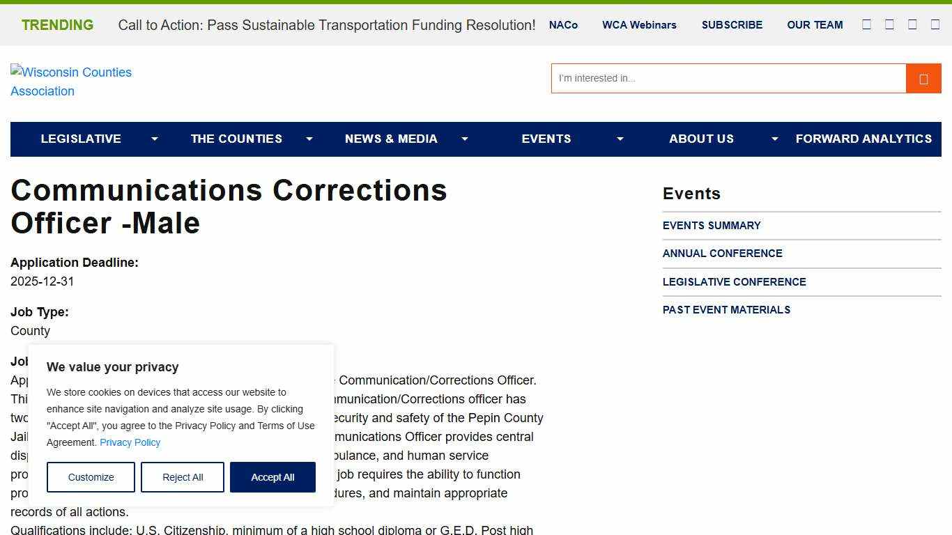 Communications Corrections Officer -Male - Wisconsin Counties Association