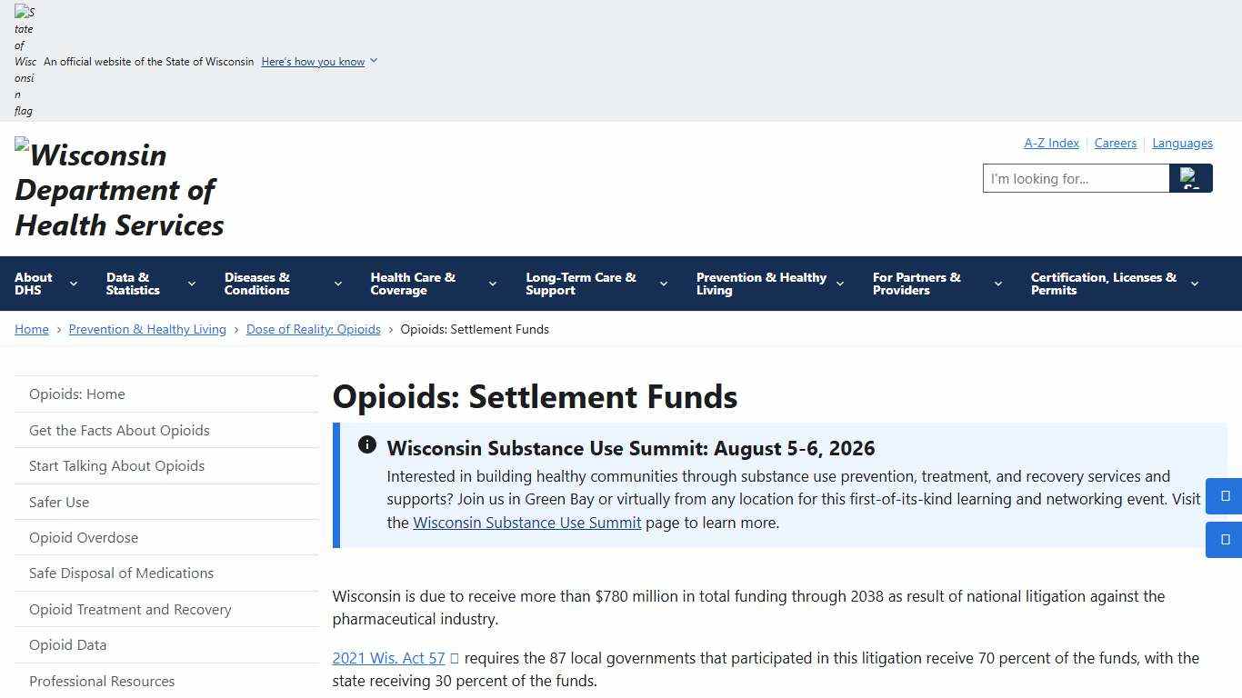 Opioids: Settlement Funds Wisconsin Department of Health Services